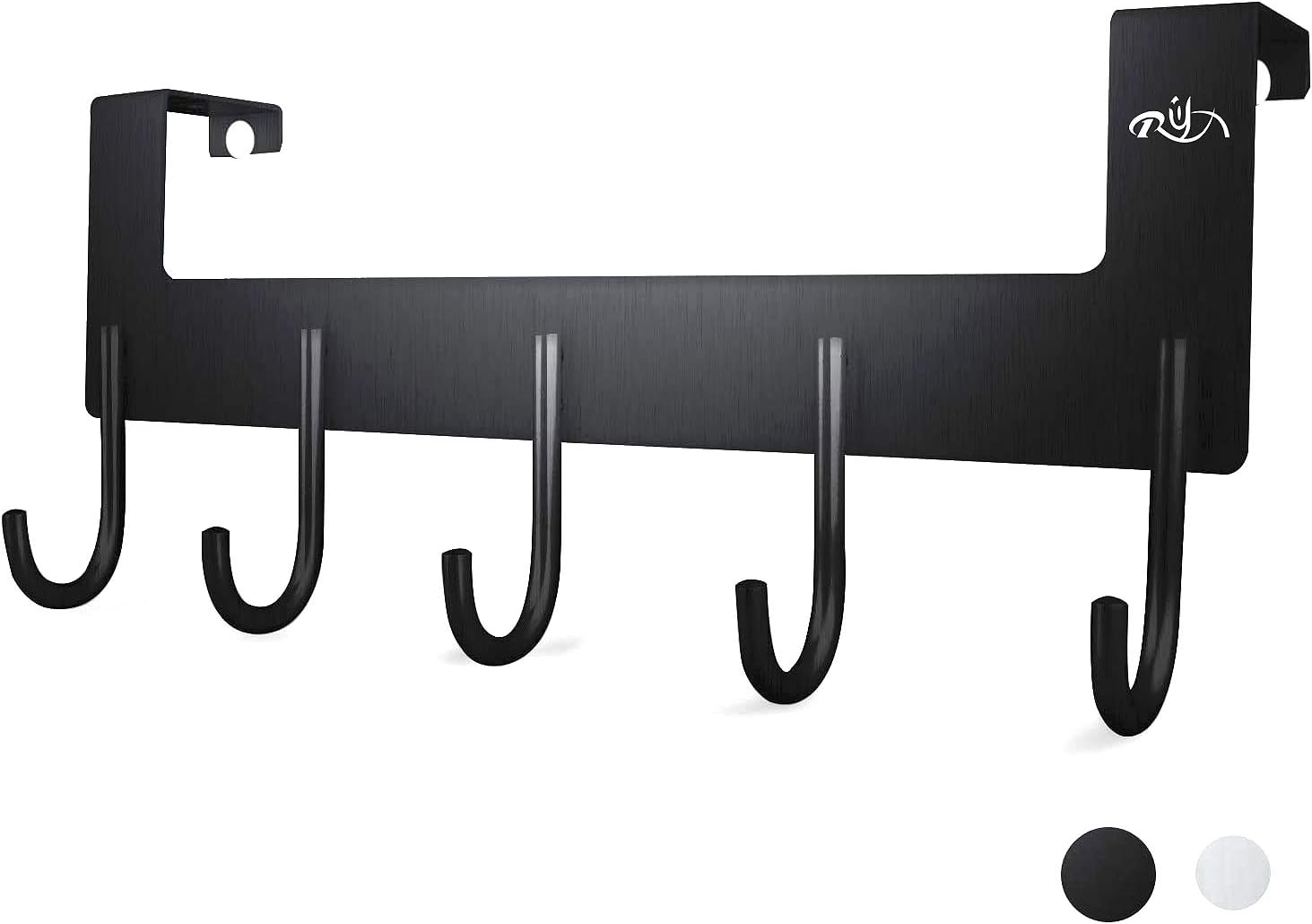 Rongyuxuan Over The Door Hook Hanger, Punch Free Coat Hooks Heavy-Duty Organizer for Coat, Hat, Towel, Bag, Robe, Umbrella - 5 Hooks, Aluminum,Reuses (Black)