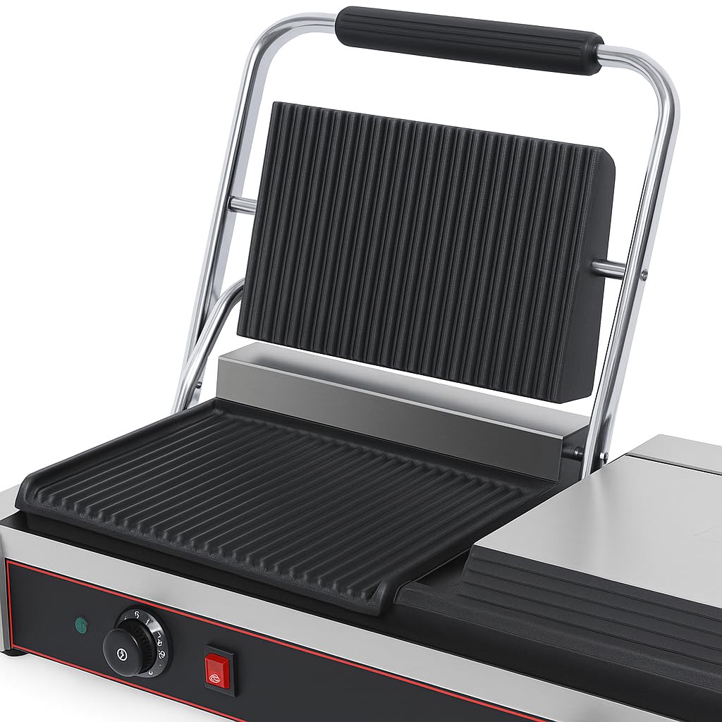 Parrilla Panini Profesional Doble 4,4 kW - Placas de hierro fundido 240 x 235 mm x 2 - Temperatura 0-300°C - Bandeja de grasa de acero inoxidable - Estructura de acero inoxidable - Suspensión superior