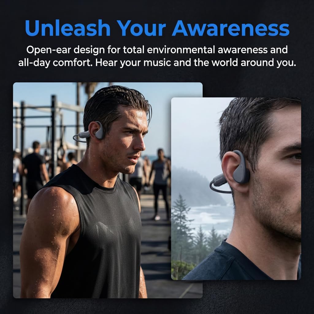 Bone Conduction Headphones, Bluetooth 5.4 Open-Ear Wireless Sports Earphones with Mic, 12H Playtime, IPX6 Sweatproof Premium Headset for Running, Cycling, Workouts (Black)