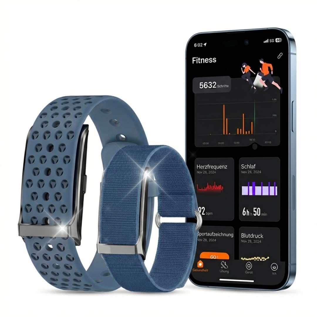 Smartband Fitness Tracker Premium (ohne Display) | Inkl. 2 Armbänder | Schrittzähler, Puls & Schlaf etc. | 20 Tage Akku, IP68 Wasserdicht | Damen & Herren | Android & iOS