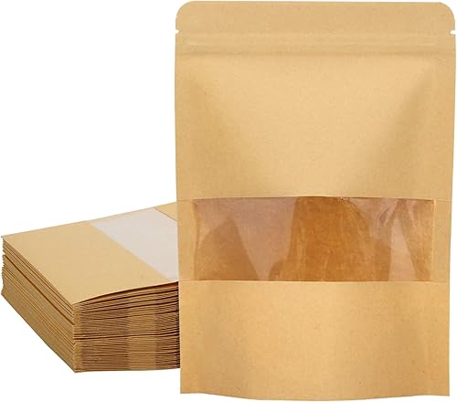 Blisstime Paquete de 50 bolsas de papel kraft de pie, bolsa resellable con ventana transparente y muesca de desgarro para almacenamiento multiusos