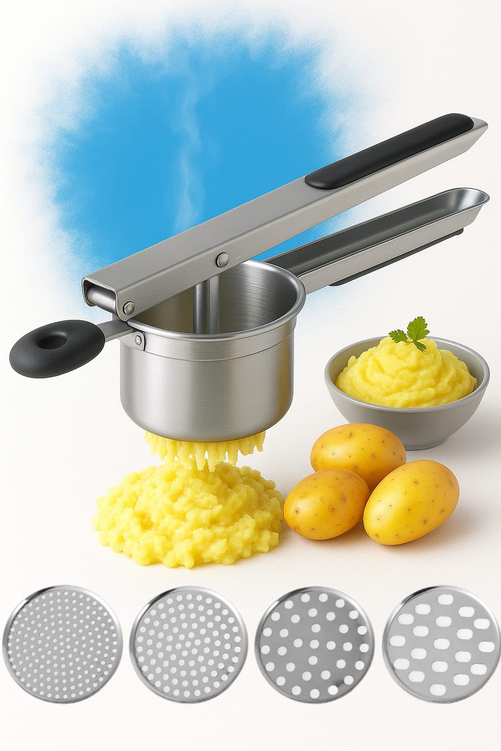 Prensa de patatas de acero inoxidable con 4 discos intercambiables, multifuncional para finos, medios, gruesos y anchos