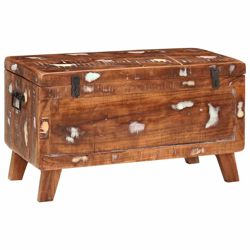 Baúl de almacenamiento de madera maciza recuperada, caja rectangular de madera con 2 cerraduras para el salón, gran caja de almacenamiento como banco o baúl de asiento, 70 x 35 x 40 cm