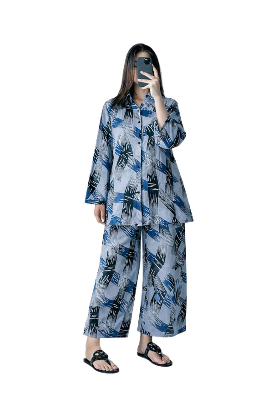 KaSwa Women's Abstract Print Co-ord Set, Blue and Black Brushstroke Pattern, Button-Up Shirt with Wide-Leg Trousers (IN, Alpha, XL, Regular)-picture-35