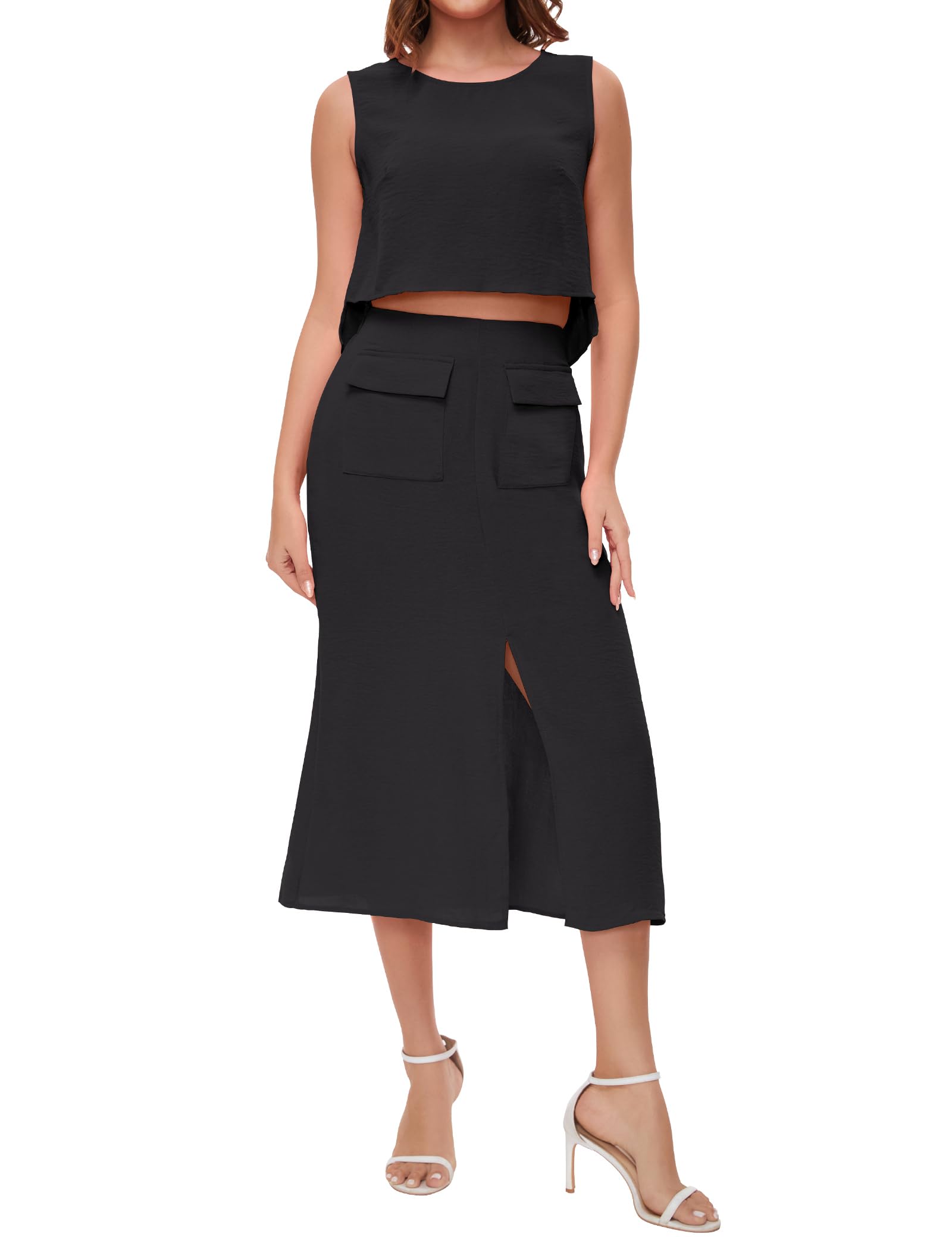 ROYLAMP Womens Summer 2 Piece Outfits Round Neck Crop Top and Split Long Skirt Elegant Casual Matching Set