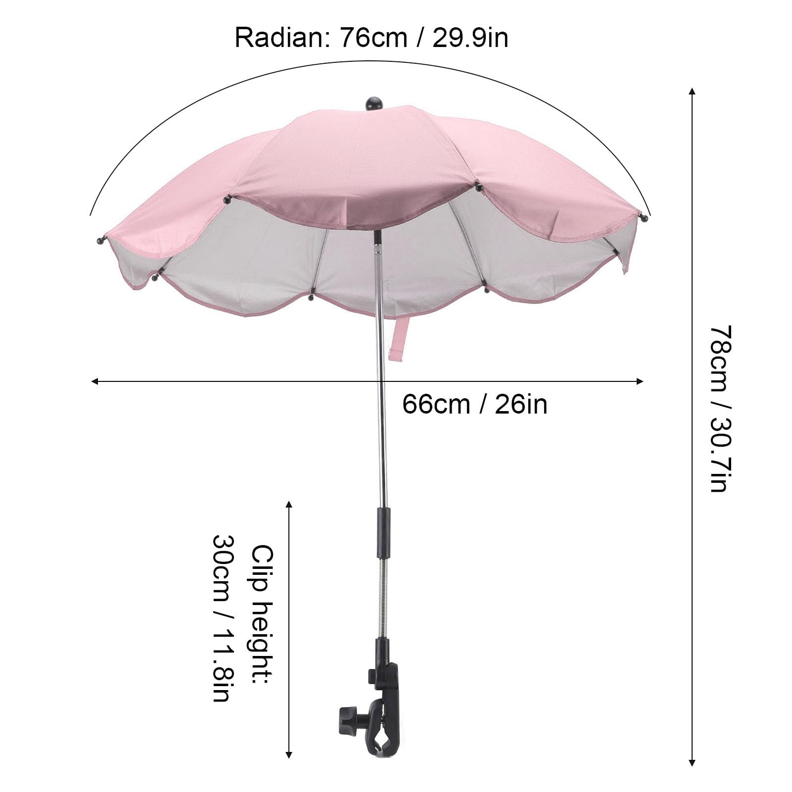 Parasol do Wózka Dziecięcego 14 Cali, Uniwersalna Parasolka do Wózka Dziecięcego Regulowana Ochrona UV Parasol Przeciwsłoneczny do Wózka Spacerowego, Gondoli, Wózka Inwalidzkiego (Różowy (srebrny klej))