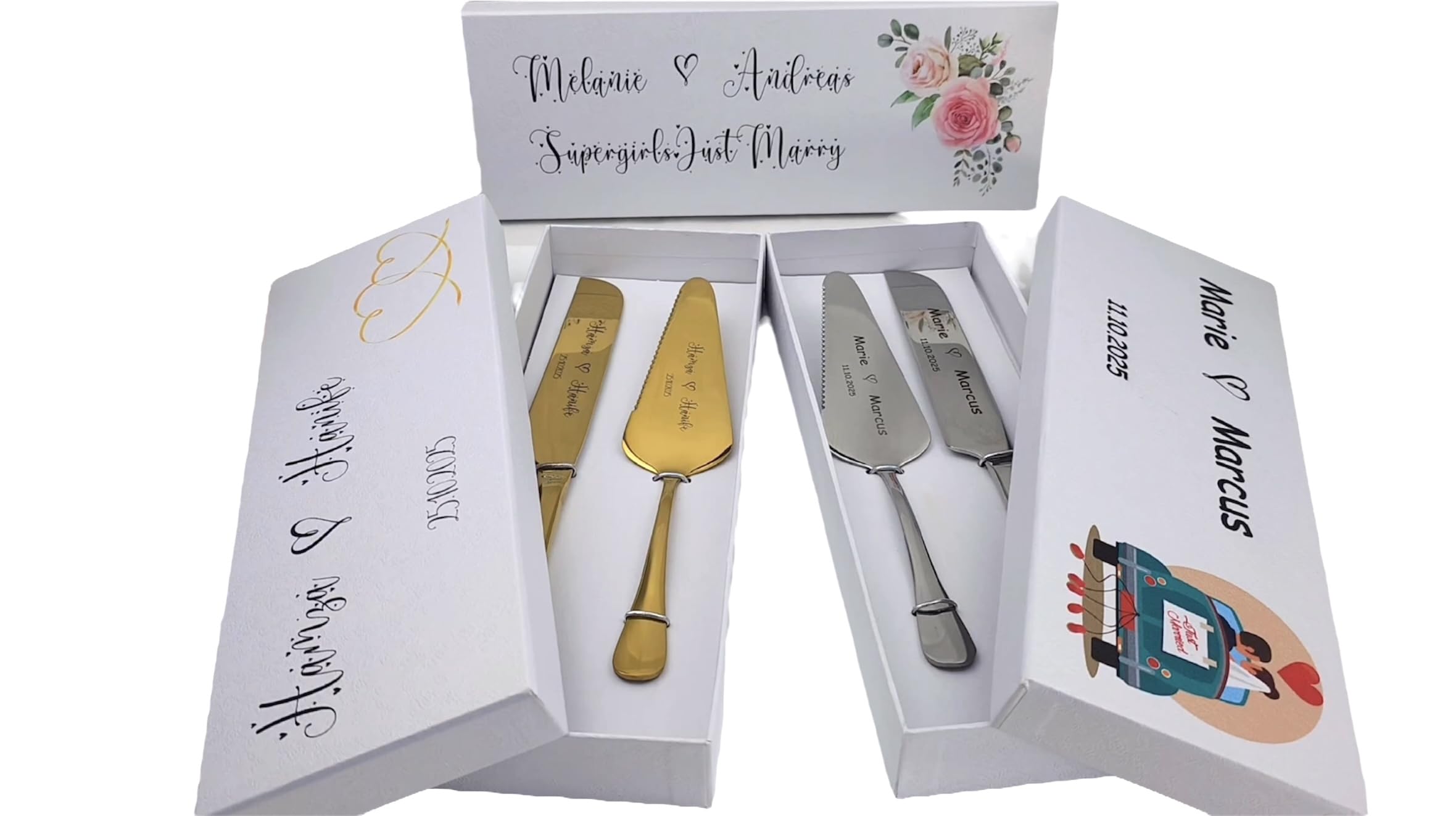 KIDDI-MEDIA Tortenheber-Set personalisiert – Messer & Heber mit Gravur | Geschenkbox mit Namensdruck und Grafik | Hochzeitsgeschenk, Jubiläum, Geburtstag, Taufe – Silber oder Gold (Silber)