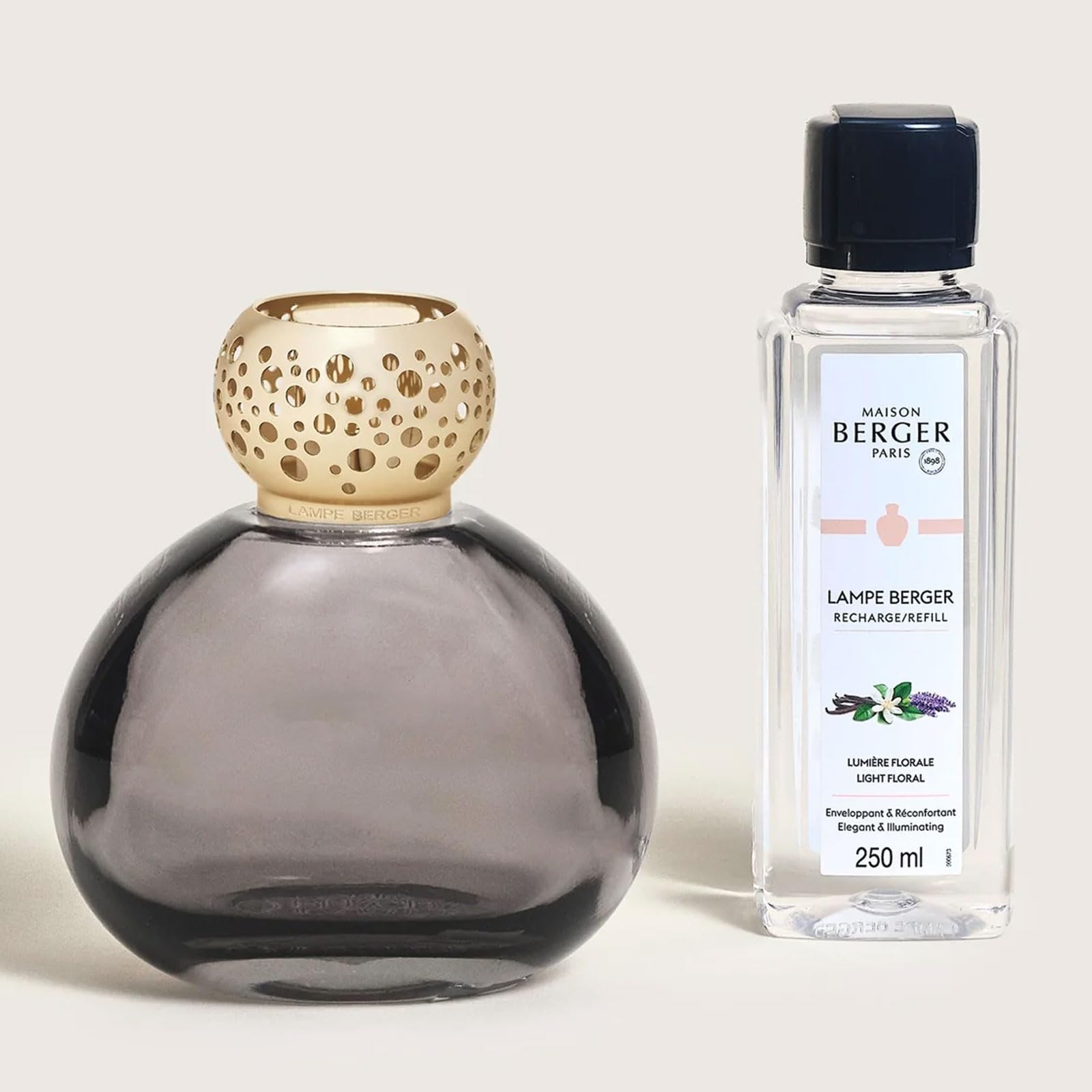 Maison Berger - Coffret Lampe Berger Ophelia avec Recharge 250 ML Incluse - Lampe à Catalyse 2-en-1 pour Purifier et parfumer l’air - Objet déco raffiné - Lumière Florale - Fabriqué en France (Noir)