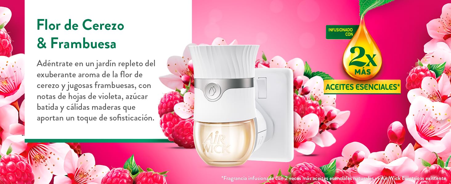 Air Wick Recambio para Ambientador Eléctrico con aroma a Flor de cerezo y Frambuesa, infusionado con 2 veces más aceites esenciales