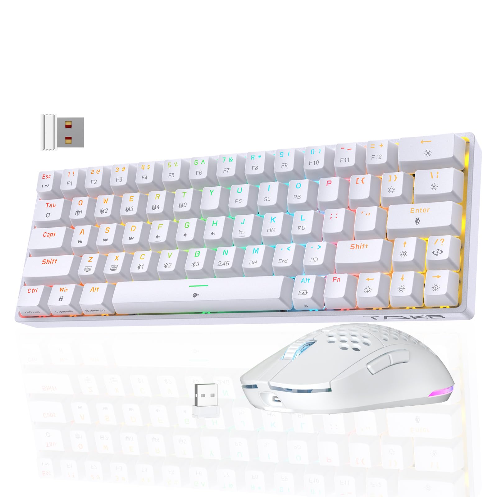 TMKB Gaming Setup Kabellos, Falcon M1 Maus & T63 Mechanische Tastatur Interrupteur Bleu, 2.4G/Bluetooth/USB-C für PC und Notebooks, RGB-Beleuchtung (Weiß)