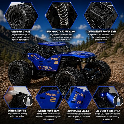 Image of RC Rock Crawler 2WD | Off-Road Monster Truck with Real Smoke Effect, Alloy Body & Rechargeable Battery | Durable Suspension | RC Car for Kids 4+ & Adults | Blue