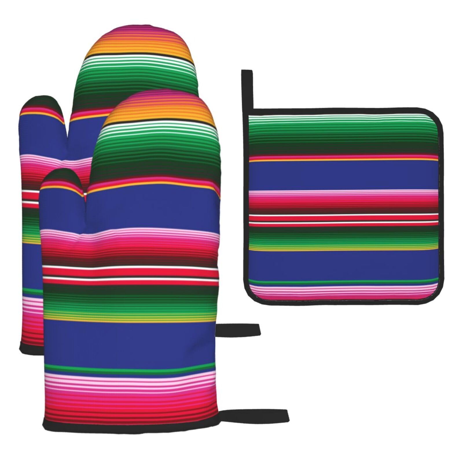 Colorful Mexican Stripes Print Oven Set Kitchen Gloves Baking Grilling Microwaving Cooking Gift Everyday Holiday
