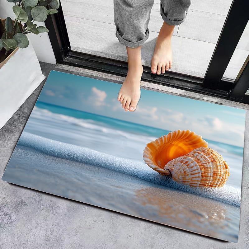 バスマット 玄関マット風呂マット 浴室マット バスマットラグ、柔らかく吸収性のキッチンマット、ノンスリップバスルームの静かな海辺のフ