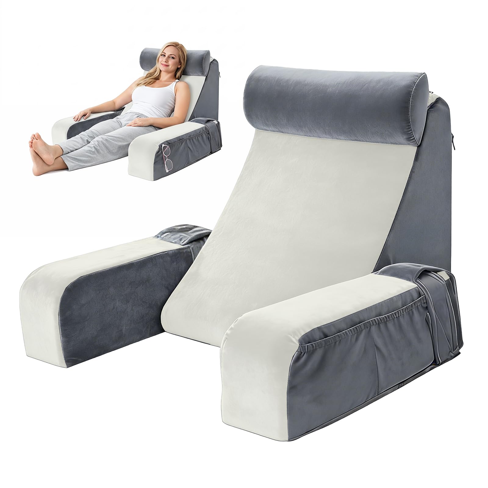 Lesekissen für Bett und Sofa, Rückenkissen Bett mit Abnehmbarer Nackenrolle & Armlehne, Lesekissen mit Rückenlehne, Kissenrückenlehne, Wandkissen Multifunktions-Keilkissen zum Lesen (Grau+weiß)