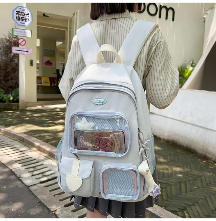 Womens Star Preppy Backpack with Cute Plush Pendant Y2k Aesthetic Laptop Backpack Large Kawaii College Daypack (Blue)3