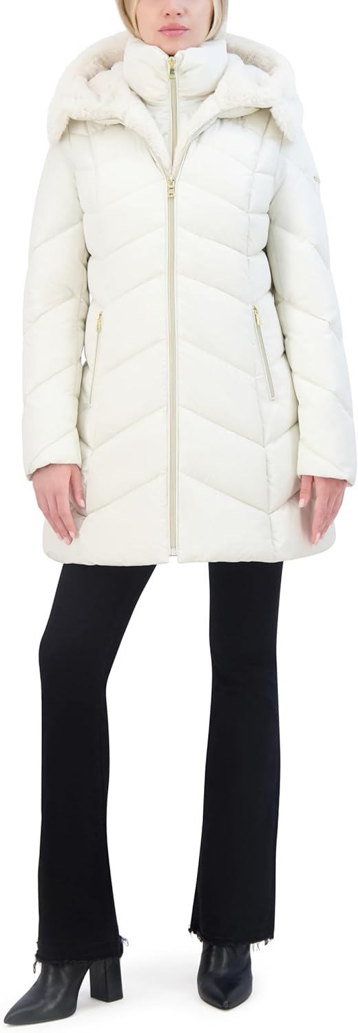Laundry by Shelli Segal womens Puffer Coat With Bib Insert– Quilted Winter Jacket Faux Fur Hood Shirred Collar - Image 5