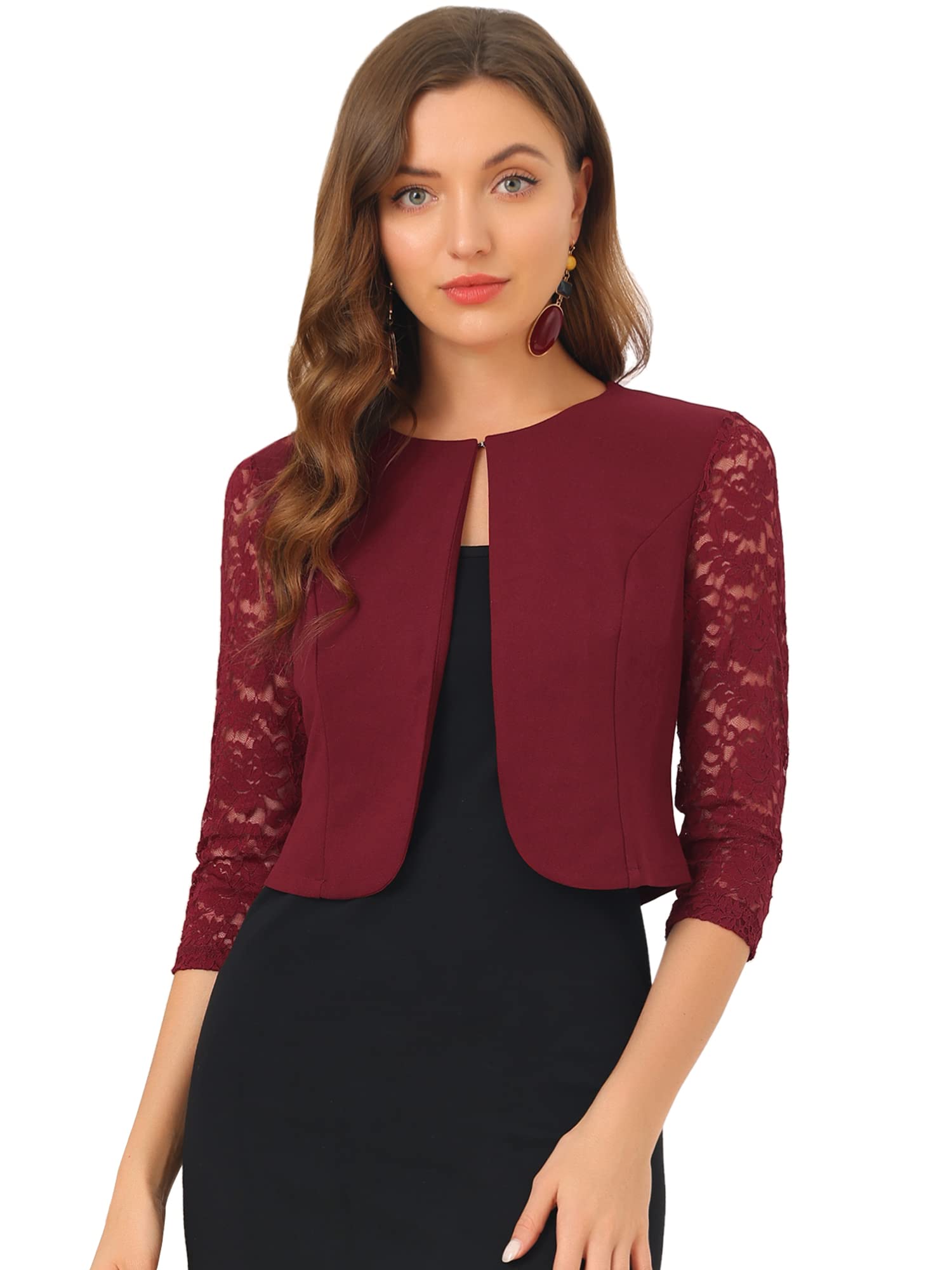 Allegra K Damen Festlich Spitze Bolero 3/4 Ärmel Rundhals Durchsichtig Shrug Elegant Jäckchen
