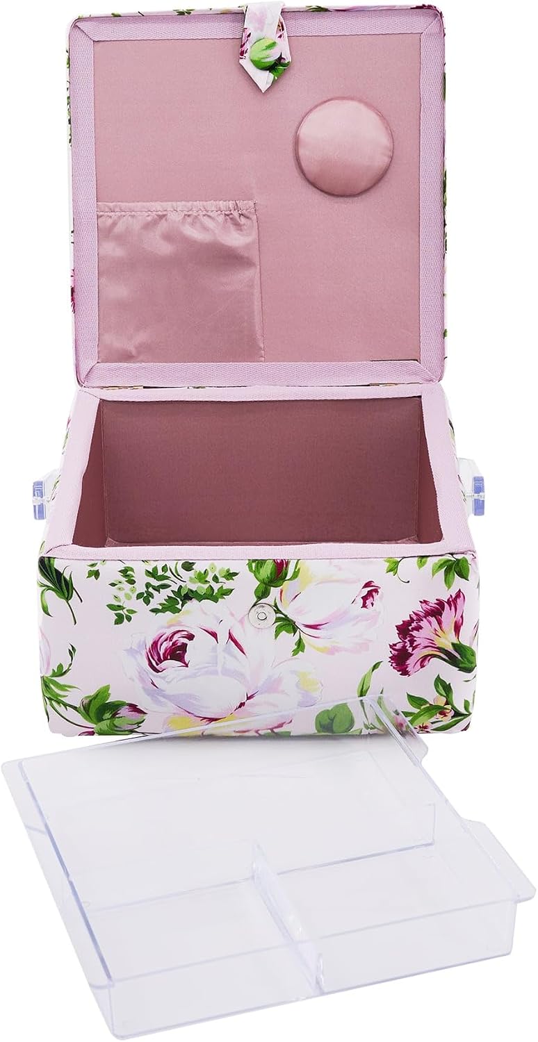 Loops & Threads Sewing Basket – Fabric-Covered Storage Box with Handle, Tray & Magnetic Closure, Pink, 8.75" x 8.75" x 4.75", 1 Pack