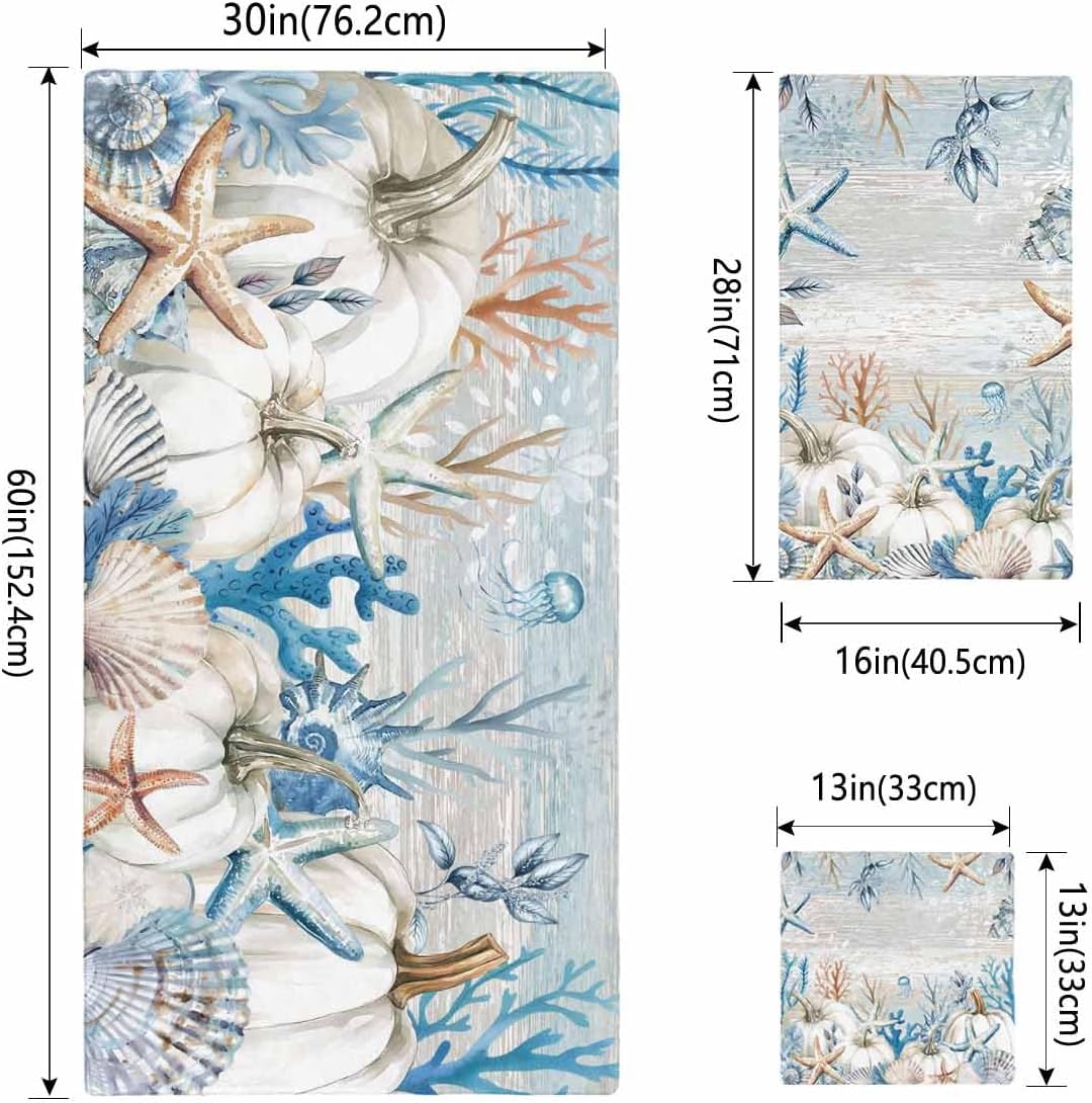 DecorLovee Blue Coastal Fall Bath Towels Set of 3 with Bathtowel Handtowel Washcloth, Thanksgiving Pumpkins Starfish Coral Towel Sets for Bathroom/Kitchen/Beach, Soft Absorbent Luxury Bath Towels