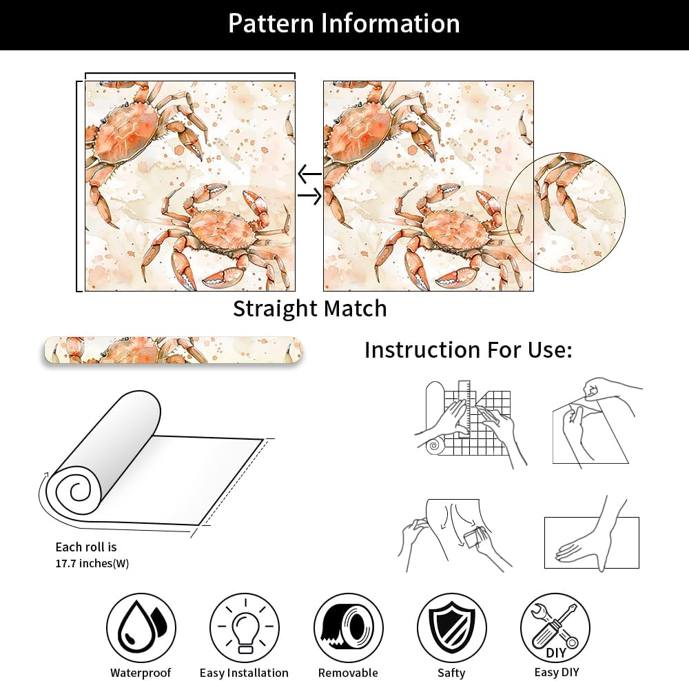 REDAMANCY Orange Watercolor Boho Ocean Crab Peel and Stick Wallpaper Vintage Wall Paper Stick on Contact Paper Easy Peel Off for nightstand Drawer Renter Friendly 17.7"x236"