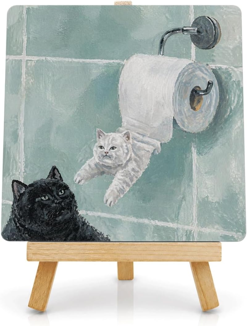 Black Cat Wooden Tabletop Sign, Bathroom Home Desk Decor, Cat in Toilet Paper Roll Painting Small Art Plaque with Tabletop Easel, Restroom Office Shelf Decor, Gift for Pet Lovers