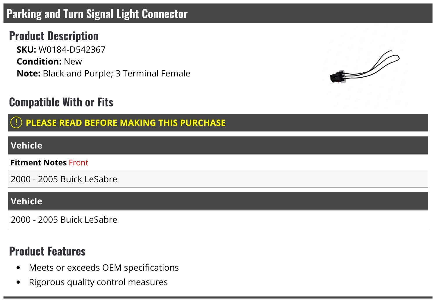 Marketplace Auto Parts Parking and Turn Signal Light Connector (Black and Purple) - Compatible with 2000-2005 Buick LeSabre