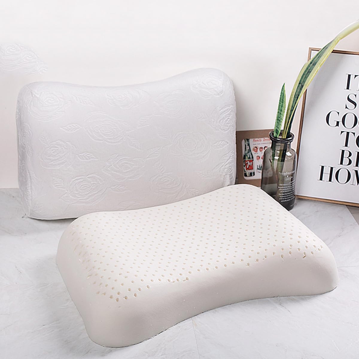 KLUFO 100% Thai Natural Latex Pillow,Bed Pillows & positioners Latex Pillow, Beauty Pillow for Ladies,Firmer Edges and Softer Middle, Breathable Comfort,with Cotton Cover