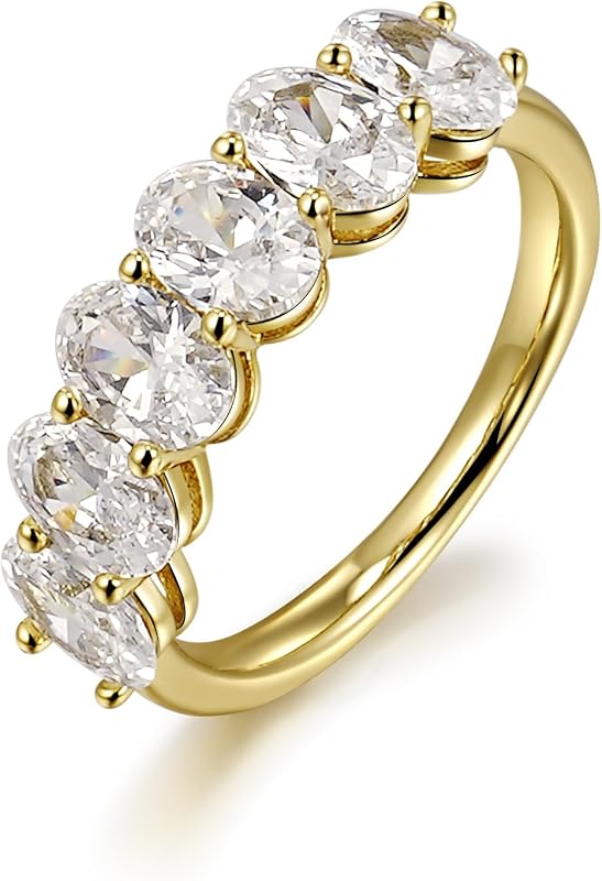 Anillo de media eternidad chapado en oro para mujer – 0,5 quilates CZ 6 piedras AAAAA corte ovalado apilable anillo de 14 quilates no se deslustra resistente al agua – aniversario de boda, compromiso, declaración de viaje, anillos de viaje, regalo de joyería