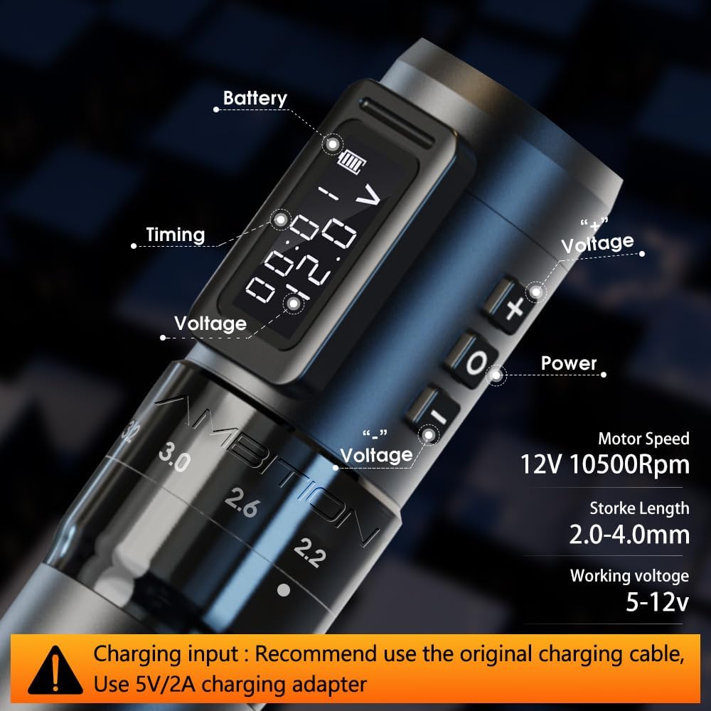 Ambition MARS-U Maquina de Tatuar Rotativa Inalambrica 6 Ajustes 2.2-4.2mm 1800mAh Motor sin Nucleo