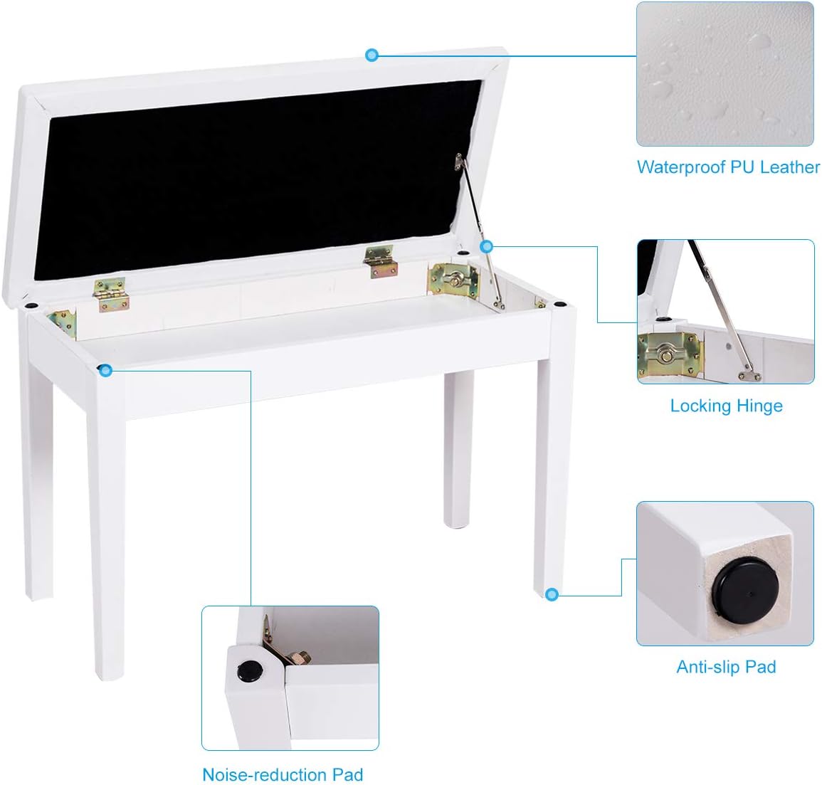 GOFLAME Duet Piano Bench, White, Padded Cushion, Solid Wood Construction, Hidden Music Storage, 29.5" x 14" x 19.5"