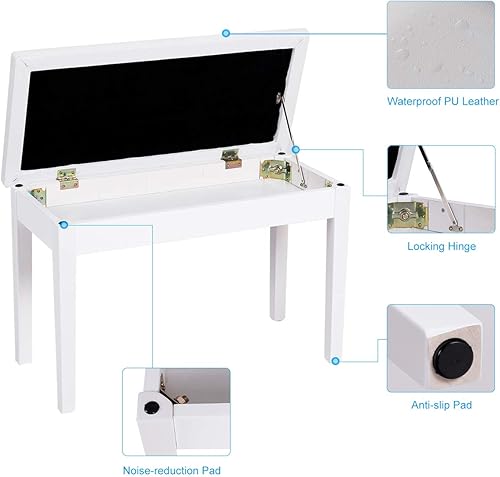 Miniatura 5 de GOFLAME Banco de piano dúo, blanco, cojín acolchado, construcción de madera maciza, almacenamiento de música oculto, 29.5 x 14 x 19.5 pulgadas