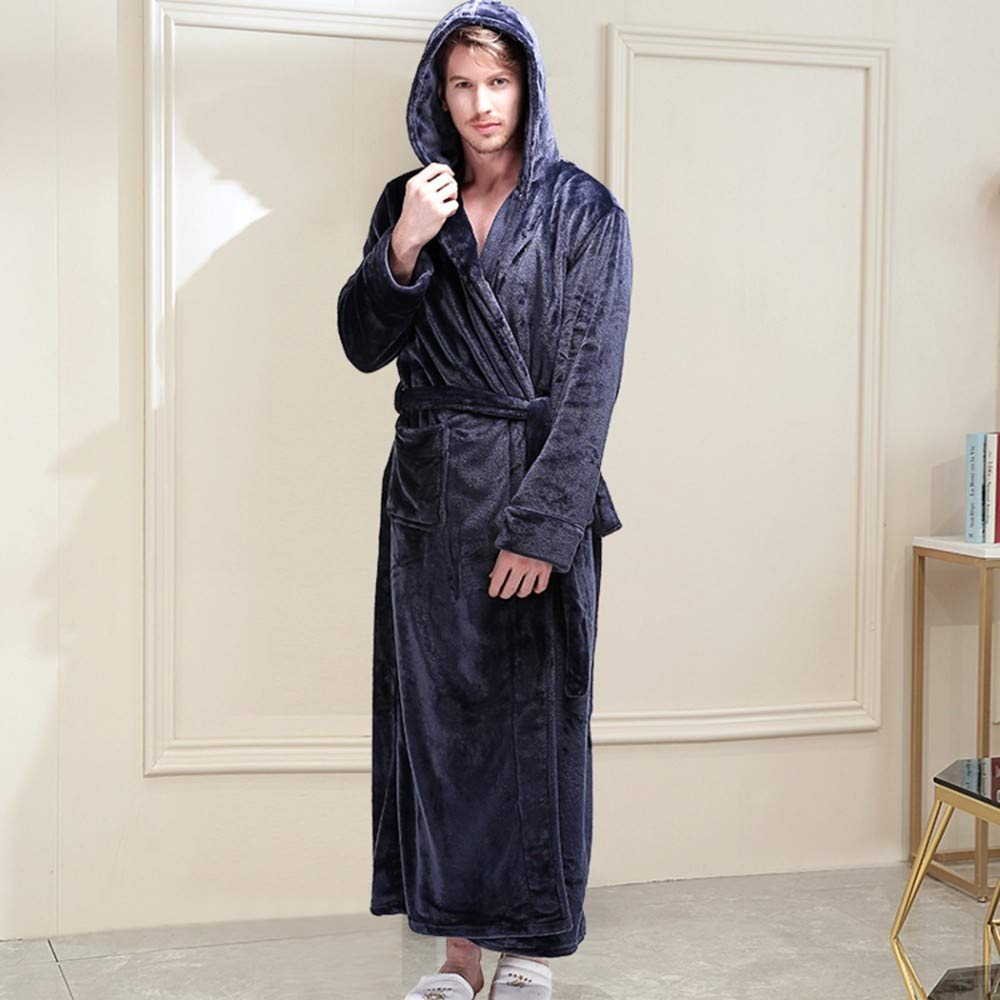 Peignoir d'hiver,À La Mode Hommes D’Hiver Hooded Extra Long Warm Bathrobe Luxe Épais Flanelle Pyjamas Doux Couple Sexy Confortable Marine Bleu Élégant Partie