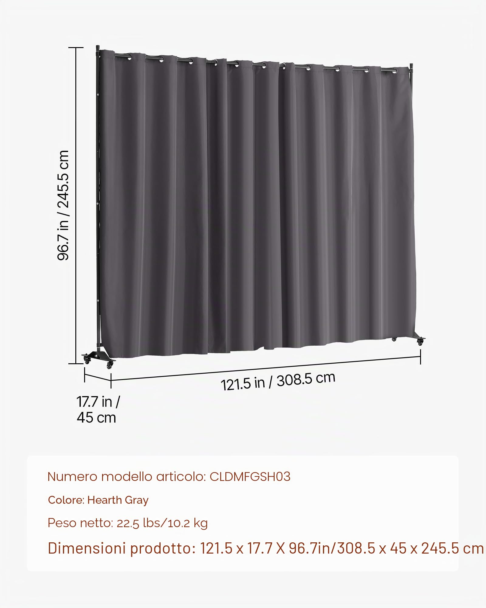 VEVOR Divisorio per Ambienti, Pannello Divisorio Portatile con Ruote, Supporto per Tende, Divisorio Indipendente, Schermo per Privacy per Ufficio, Camera da Letto, Sala da Pranzo, Grigio