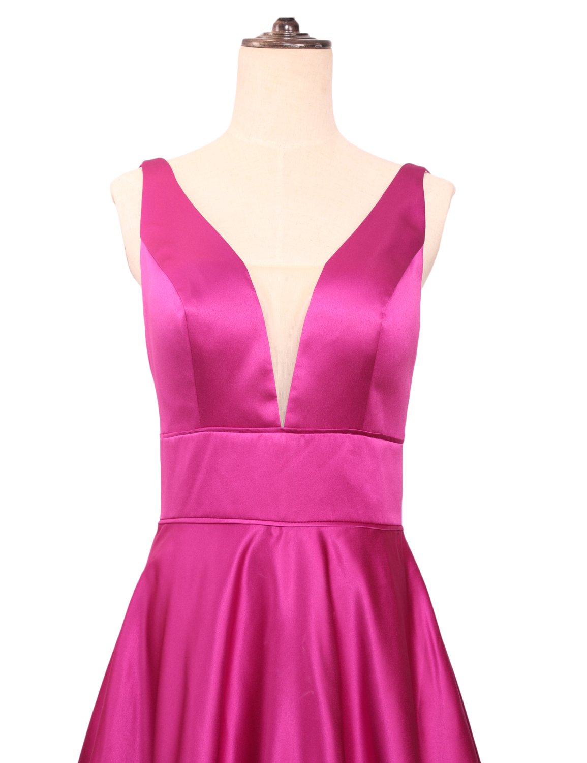 Vestido largo de graduación con bolsillos de satén con cuello en V profundo con inserto transparente sin espalda E158