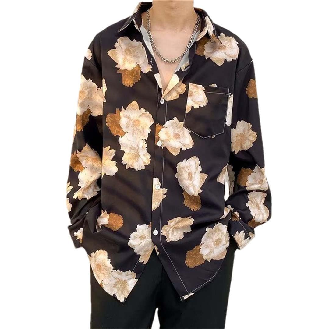 Yeuyyben Camicia Floreale Estiva da Uomo Camicia Hawaiana Oversize con Bottoni in Seta Sottile A Maniche Lunghe