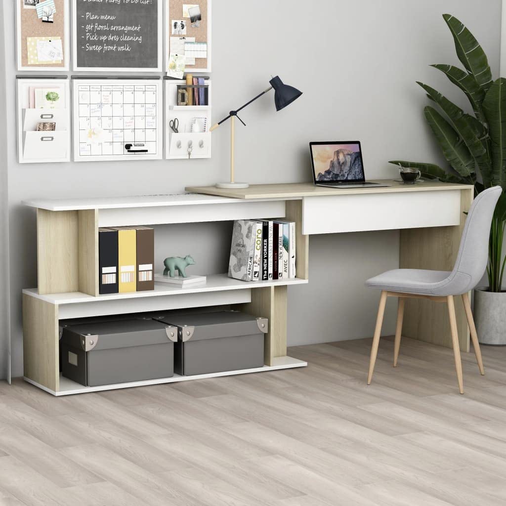 Bureau d'angle pivotant chêne Sonoma blanc 200cm avec rangements
