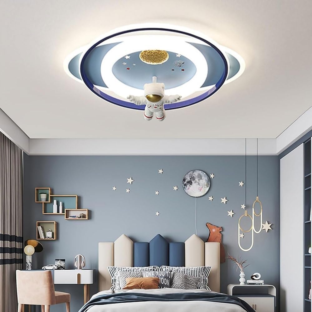 Plafoniera LED per bambini, 58 cm, lampada da soffitto astronauta creativa dimmerabile 3000 K-6000 K, lampada da soffitto per camera da letto, per bambini, camera da letto (Blu)