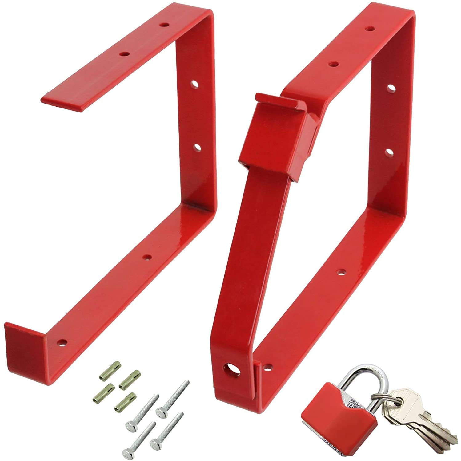SPARES2GO Universal Lockable Wall Ladder Double & Triple Rack Brackets & Padlock Set (Red)