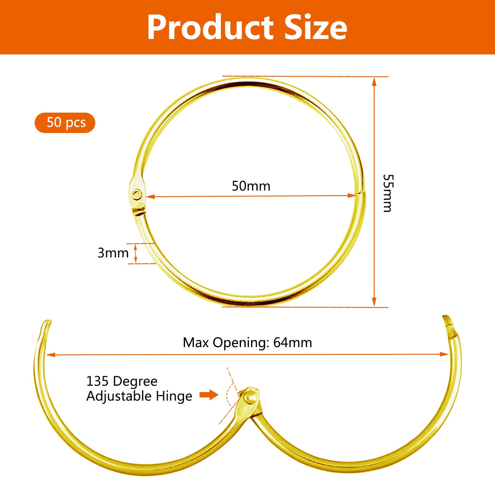 40 Metal Curtain Rings - 50mm, Shower & Curtain Rods (Gold) - Image 2