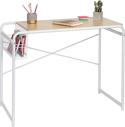 Honey Can Do - Escritorio para dormitorio, escritorio para computadora con cesta lateral, color blanco