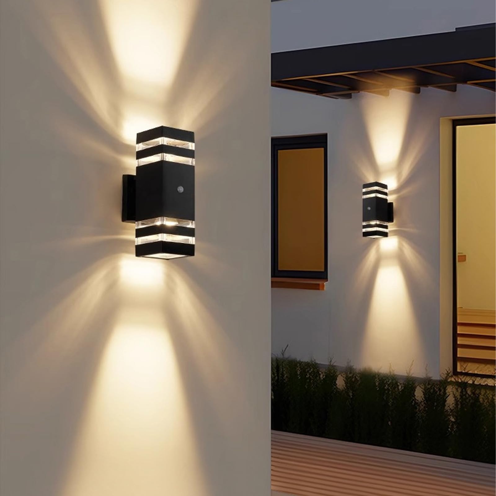 E27 Zewnętrzna lampa ścienna IP65 Wodoodporna oprawa ścienna z czujnikiem ruchu, czarna lampa ścienna do wewnątrz/na zewnątrz, ogrodzenie tarasowe w ogrodzie (białe światło, dwupiętrowe)