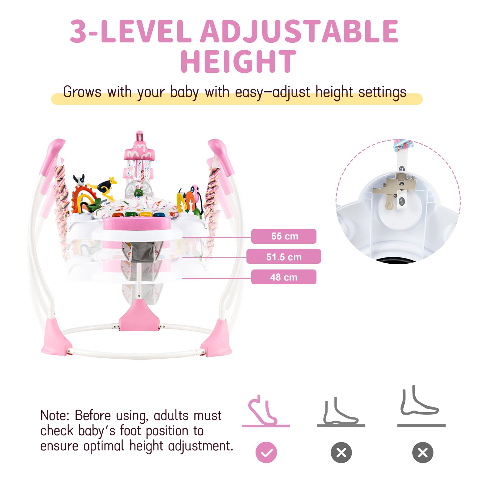 GYMAX Baby Jumpers & Bouncers, Interactive Baby Jumperoo Activity Center with 360° Rotary Seat, 3 Adjustable Heights, Music, Lights, Interactive Toys, Toddler Bouncer for 6 Months+ (Pink) — view 4