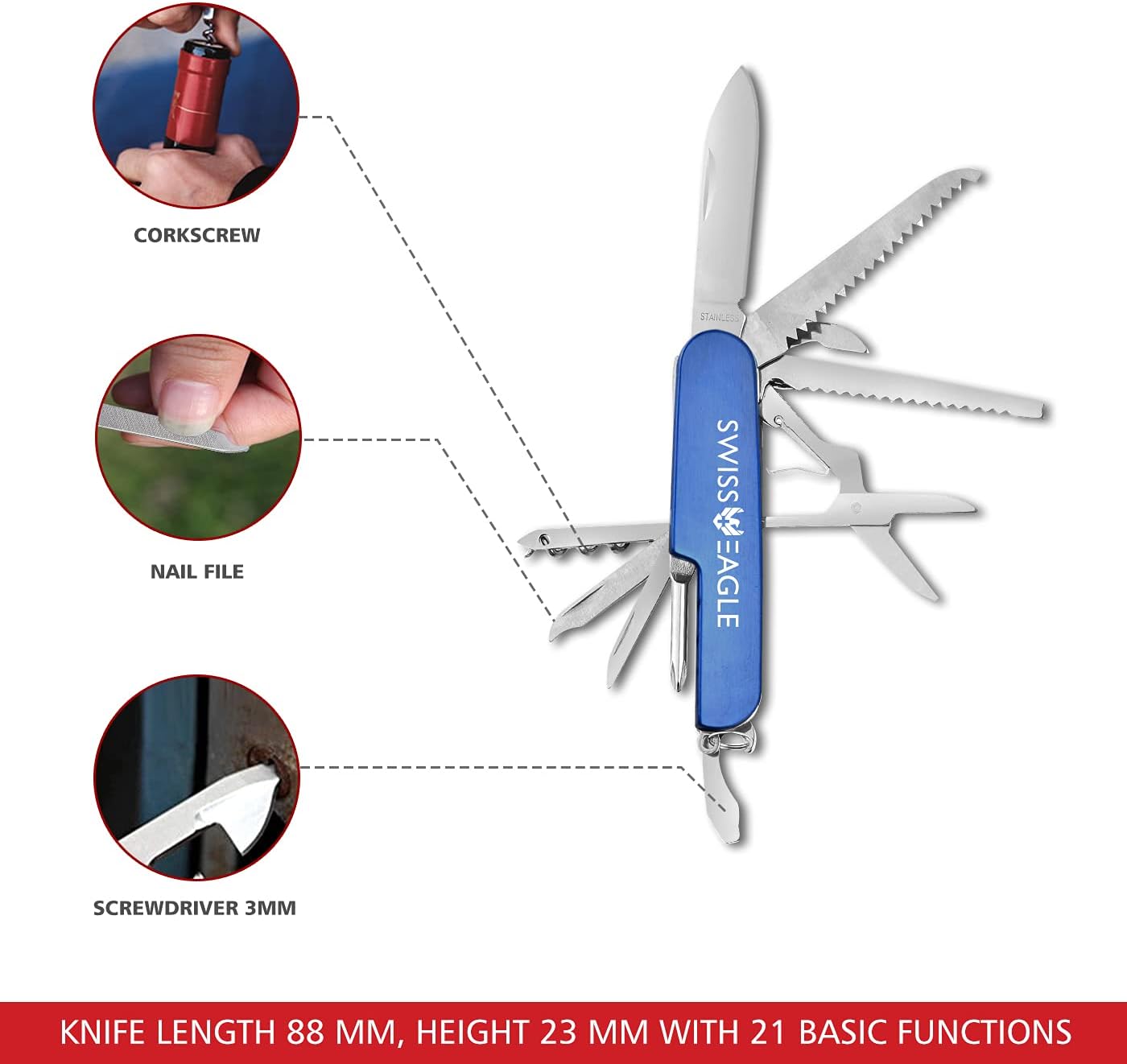 Swiss Eagle Multi-Tool Army Knife - Packs 11 Tools In Your Pocket
