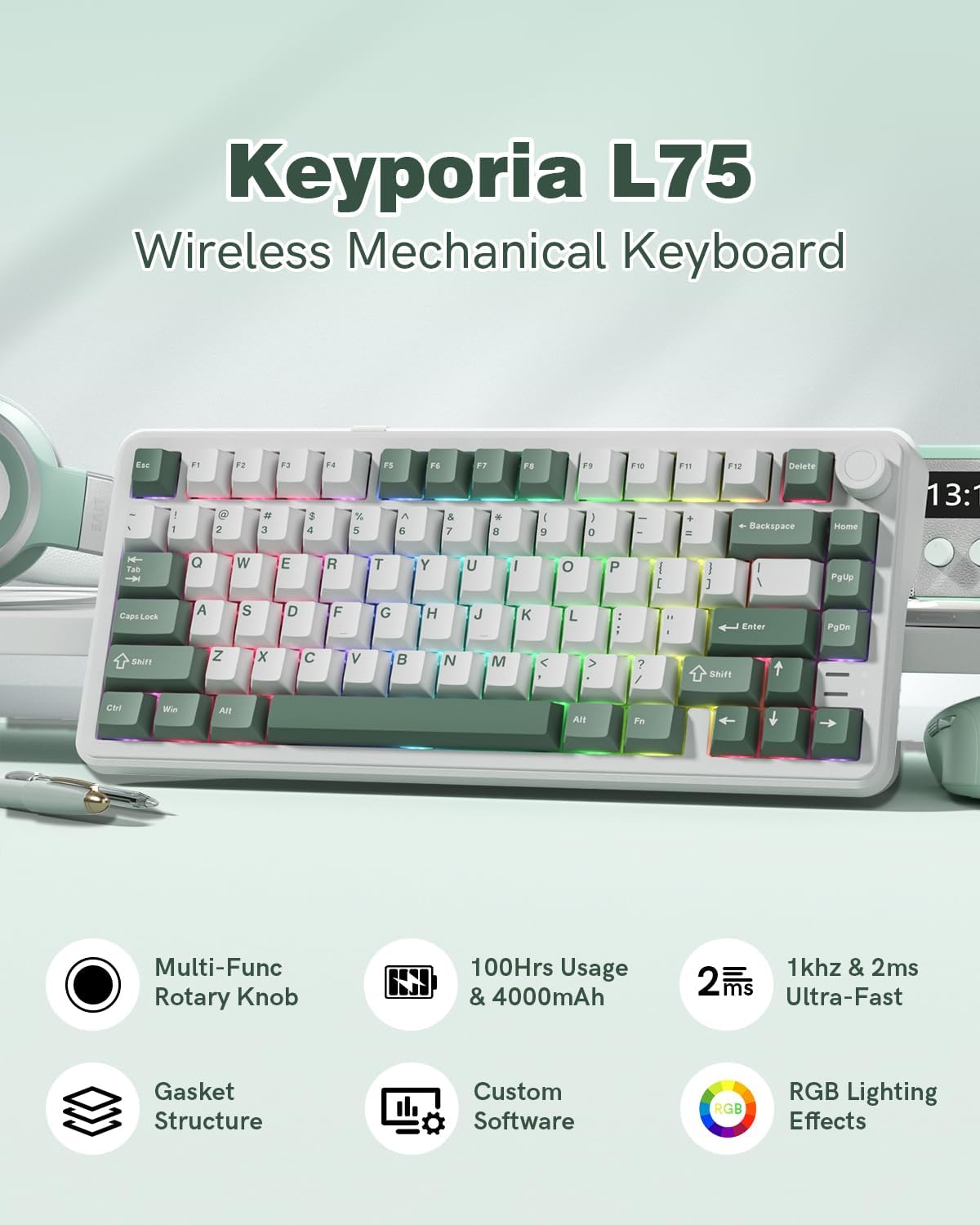 L75 75% Mechanical Keyboard, Wireless Gaming Keyboard with Multifunction Knob, Creamy Gasket Structure, Hot Swap, RGB Backlight, PBT Keycap, Custom Driver, Compact Layout for Win/Mac/PC
