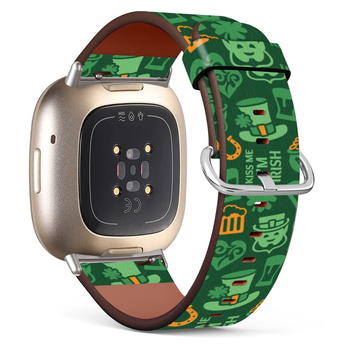 Mingdao Compatible with Fitbit Sense 2 / Sense / Versa 4 / Versa 3 Patterned Leather Replacement Band (St. Patrick Irish Pattern)