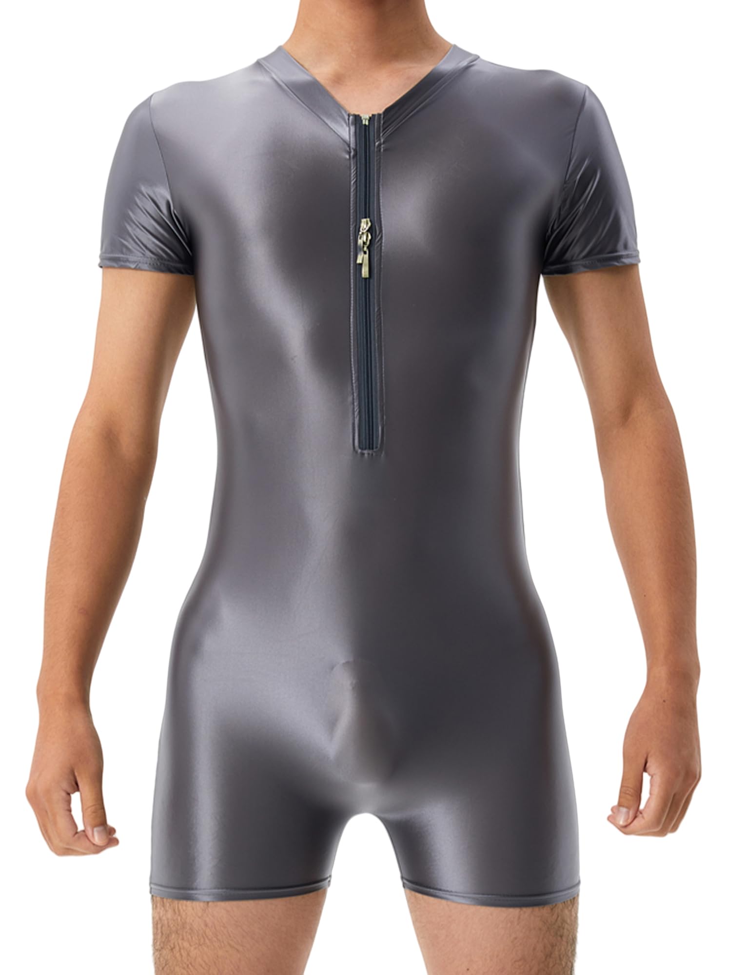 AIEOE Oil Shiny Bodysuit for Men High Elastic Bodysuit Oil-shiny Wrestling Singlets Zip Front Leotard Boxer Shorts Basic Jumpsuit One-piece Bodysuit for Loungewear