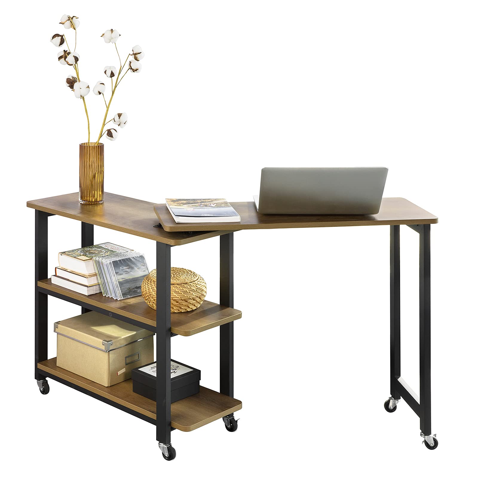 SoBuy FWT83-PF L-förmiger Beistelltisch mit 2 Ablagen Sofatisch mit Rollen Couchtisch Eckschreibtisch Computertisch Arbeitstisch Industrie-Design BHT ca.: 133x69x30cm
