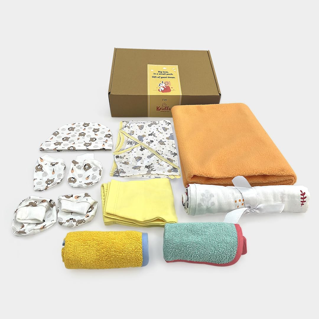 Kridlo Newborn Baby Gift Set | Premium Baby Gift Set for Newborn Boys & Girls | Eco-Friendly | Pack of 11 (6-9 Months, Swaddle, Washcloths, Cap Booties Mittens, Dry Mat & Jhabla Pant)