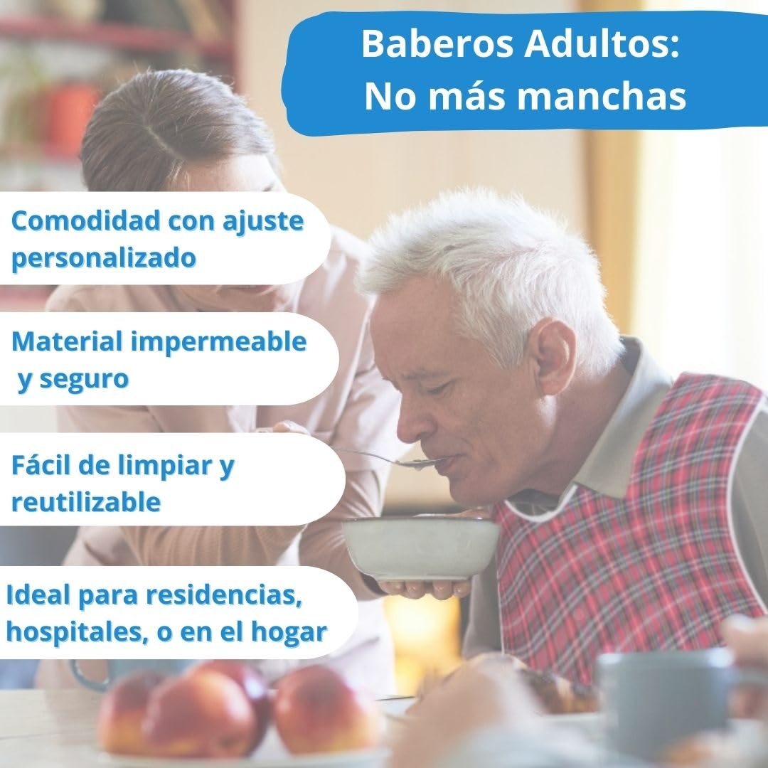 Pack Baberos Adultos Gran Tamaño| Babero Adulto Impermeable | Cierre Ajustable Con Corchetes | Con Recogemigas | Reutilizable y Lavable A Máquina | Cómodo Para Personas Mayores