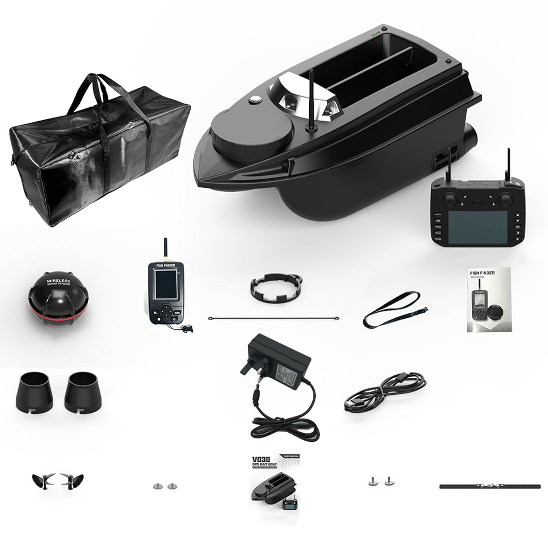 Bateau amorceur radiocommandé GPS pour la pêche à la carpe, V030 12V 20000mAh 800M, télécommande, capacité d'appât de 3 kg, retour automatique et lumières LED, bateau de pêche radiocommandé pour lac